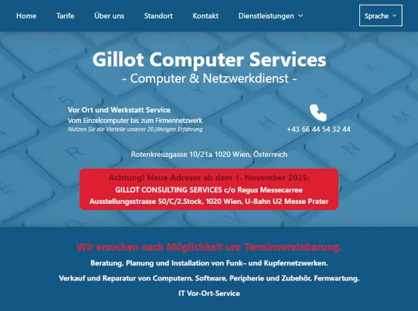 Hauptwebsite des Computerunternehmens Gillot Consulting